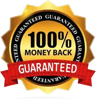 Gold badge with 100% money back guaranteed text and a red ribbon stating guaranteed.