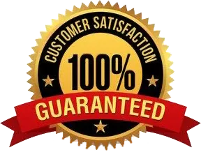 Gold badge with text 100% Customer Satisfaction Guaranteed on a red ribbon.