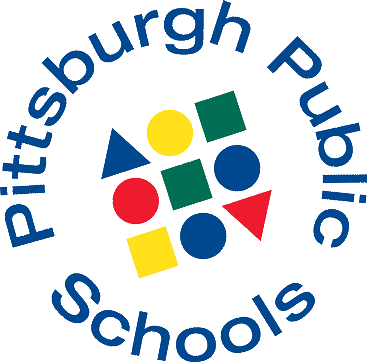 Pittsburgh Public Schools logo with colorful geometric shapes and blue circular text.