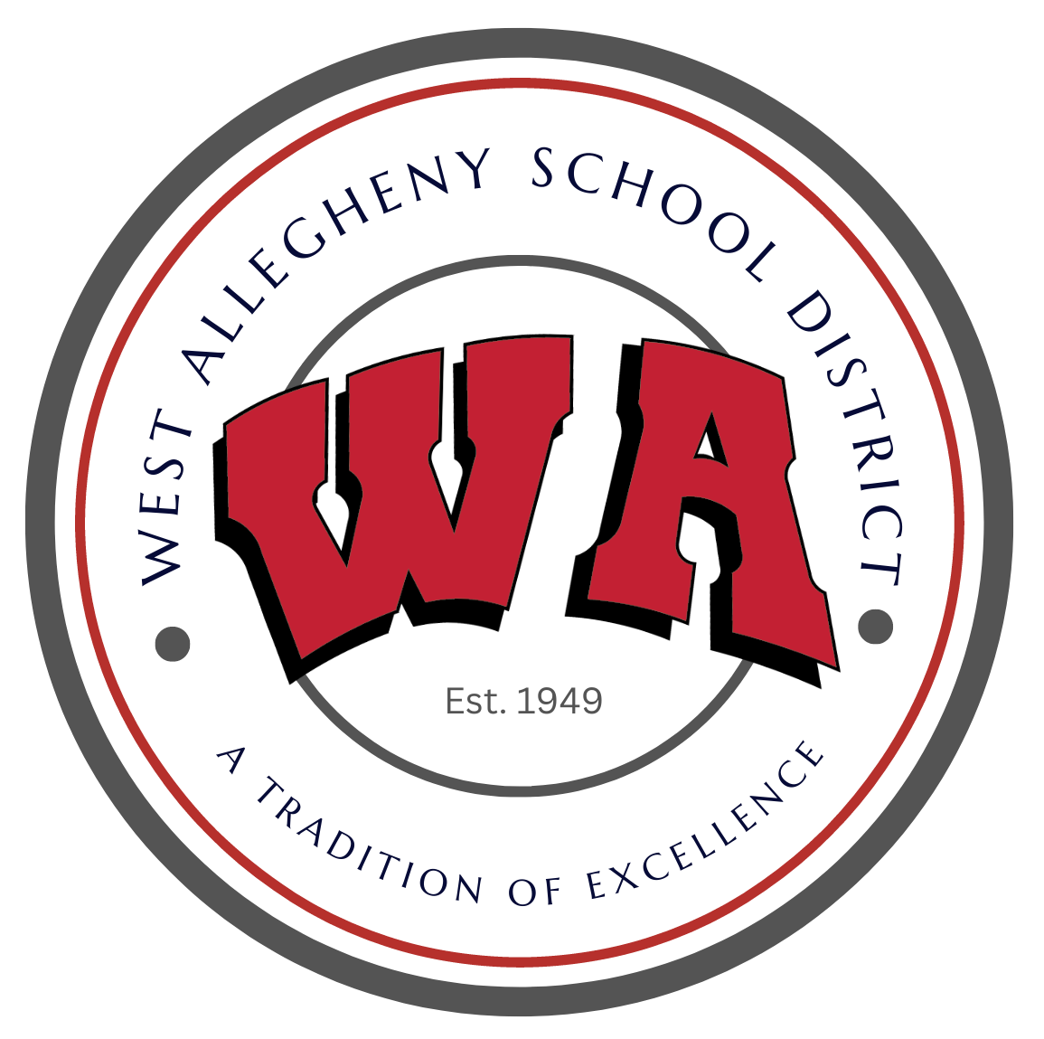 Round West Allegheny School District emblem with red WA initials and text Est. 1949