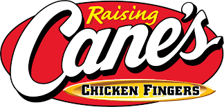 Raising Cane’s logo with white text on red and yellow background highlighting chicken fingers.