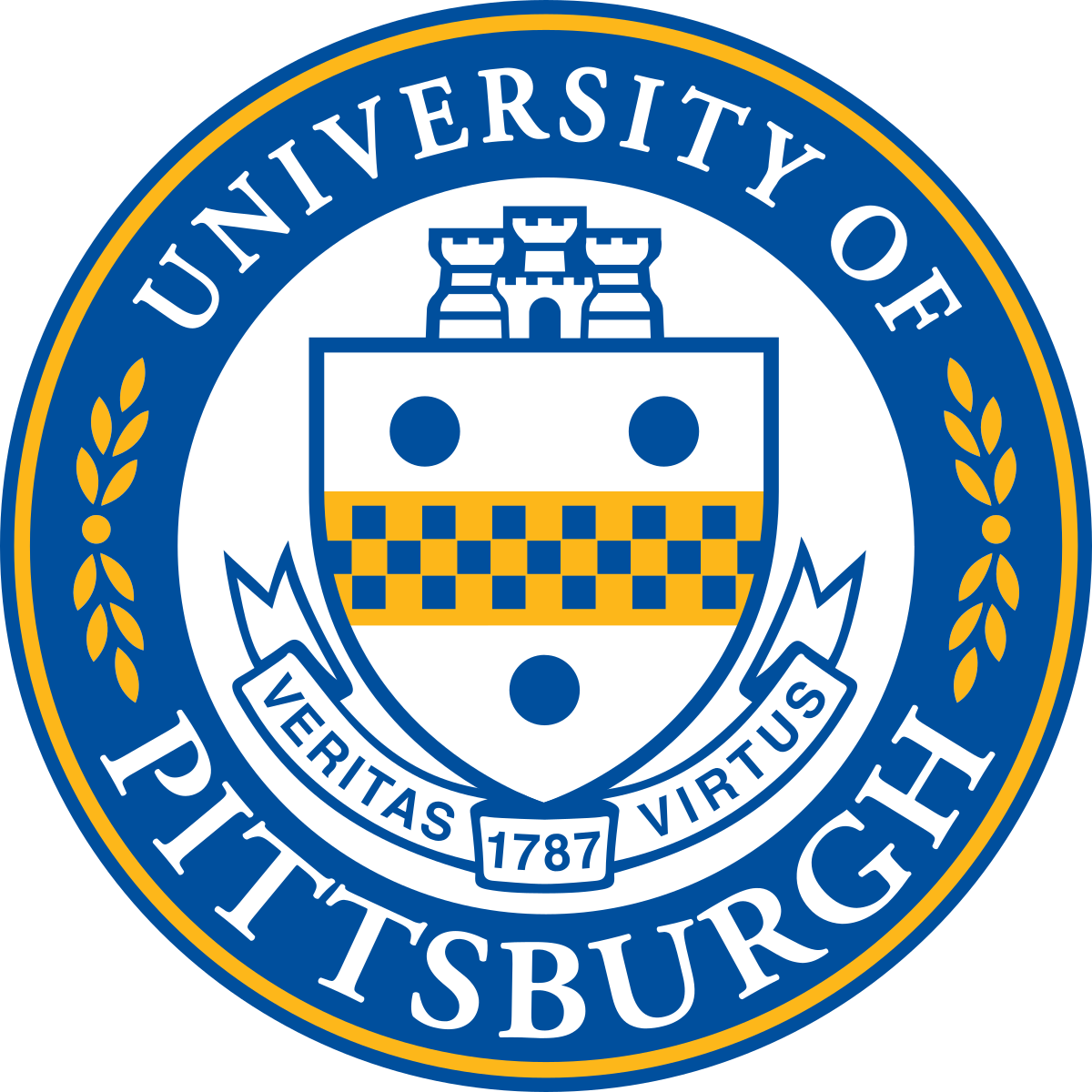 University of Pittsburgh seal with shield, castle towers, and motto Veritas Virtus 1787.