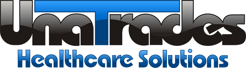 Logo for UmaTrades Healthcare Solutions with stylized text and blue and black colors.